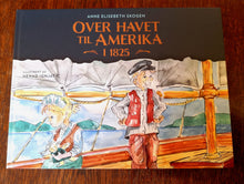 Last inn bildet i Galleri-visningsprogrammet, BIlde av framsida på boka Over havet til Amerika. Teikna gut og jente på dekk.